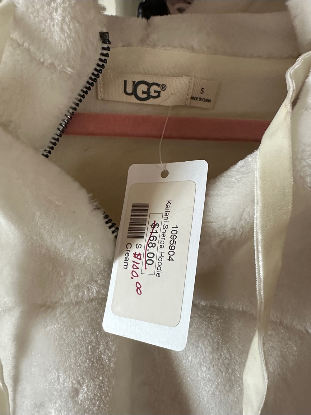 UGG Cream Plush Hooded Half-Zip Sweatshirt with Pink Trim - Picture 2 of 5